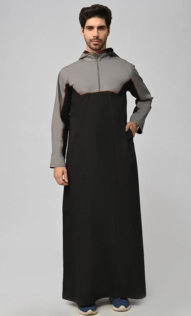 Buy Mens Islamic Grey Contrasted Thobe/Jubba With Pockets And Hood - EastEssence.us