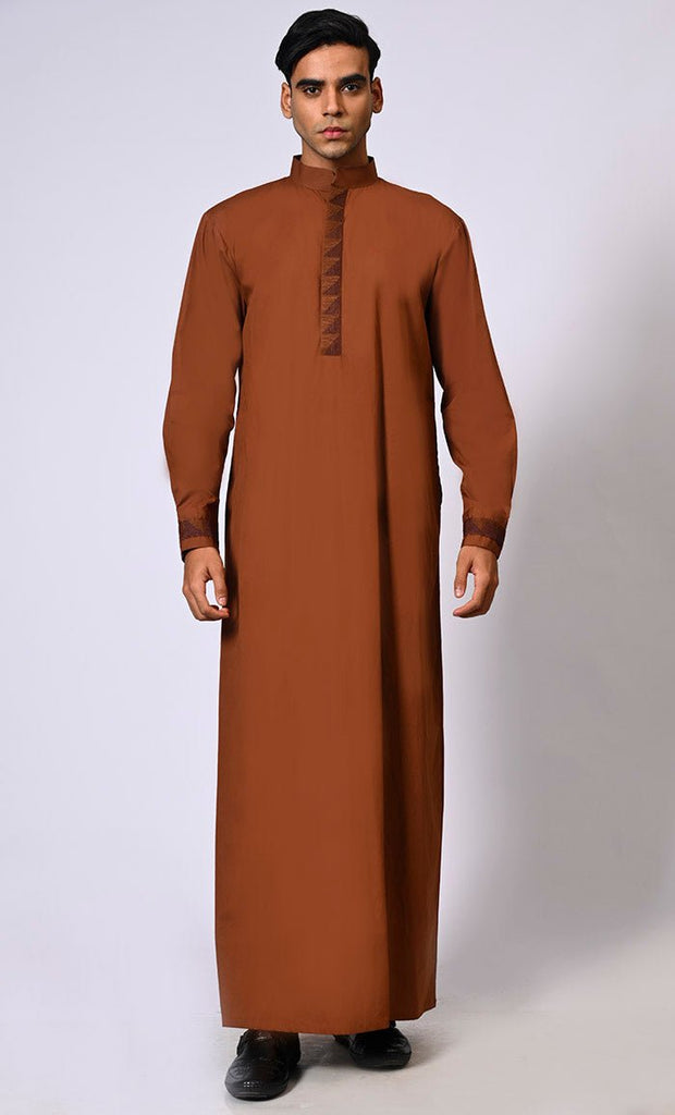 Men's Brown Thobe with Geometrical Embroidery detailing and Pockets - EastEssence.us
